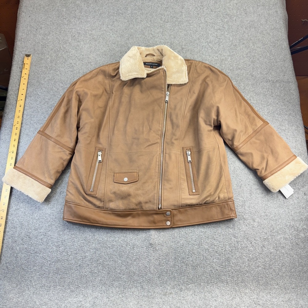 Wilsons Leather Jacket‎ M Ramona NWT Tan Faux Shearling Moto Coat Genuine Trim